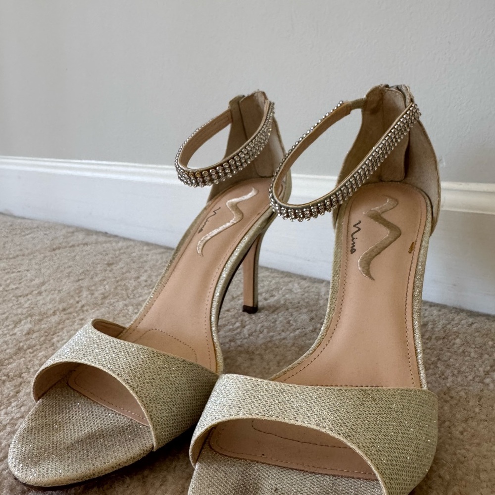 Nina Gold Rhinestone Ankle-Strap Stiletto Sandals - Picture 1 of 6